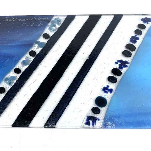 Dos Sirenas Fused Glass Plate Serving Tray Footed 12 x 6" Blue White Black 2016 - Picture 7 of 9